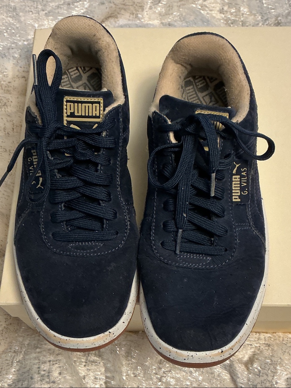 Men/Women Puma Navy Suede Clyde Sneakers with Gold Logo